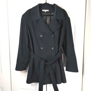Vtg Jason Kole Womens 18/20 Black Wool Double Breasted Belt Pea Coat Minimalist
